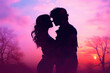 Leinwandbild Motiv Silhouette of a couple sharing a kiss against a colourful sunset