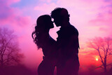 Fototapeta Zachód słońca - Silhouette of a couple sharing a kiss against a colourful sunset