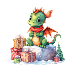 Wall Mural - Dragon gifts christmas watercolor in cartoon style. Vintage decorative element. Holiday greeting card design. Happy new year. New year symbol.