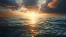 Rays Of Light After Rain Storm, Seascape With Sun Reflections On Water Surface Generative AI