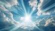 © Suleyman - Sun light rays or beams bursting from the clouds on a blue sky. Spiritual religious background Generative AI