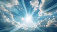 Sun Light Rays Or Beams Bursting From The Clouds On A Blue Sky. Spiritual Religious Background Generative AI