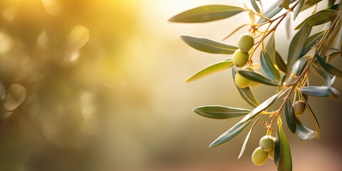 Wall Mural - Green Olive Branch on blur Nature Background with Copy Space