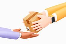 3D Courier Hands Over Parcel To Customer. Home Delivery Service. Close Up Hands Hold Package. Fast Delivery Concept. Cartoon Creative Design Illustration Isolated On White Background. 3D Rendering