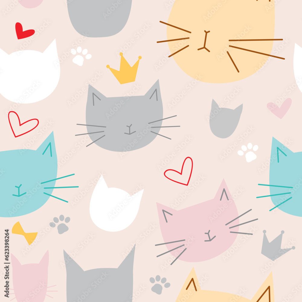 seamless pattern of cat head face cute , vector illustration Stock ...