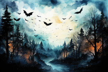 Wall Mural - A painting of bats flying over a river. Generative AI. Halloween background.