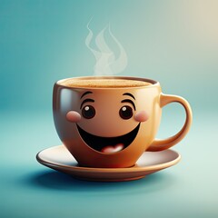 cartoon cup of coffee with a saucer, cappuccino or tea close-up with a cheerful friendly face on a light background. Morning energy, breakfast, energy, snack, Generative AI