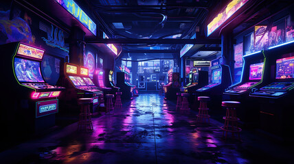 Wall Mural - neon arcade games in a very dark and wavy room