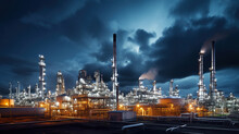 A Large Oil Producing Plant At Night With Stormy Clouds