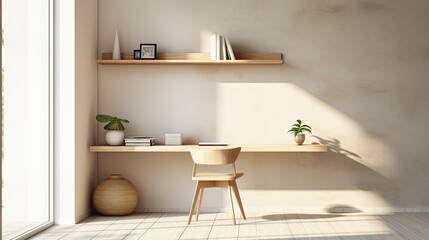 Wall Mural - Minimalist home office with a wall-mounted desk, floating shelves, and natural light, generative ai