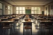 © gankevstock - empty classroom or auditory with desks and chairs, blurred background, Generative AI