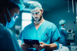 © ADDICTIVE STOCK - Surgeon man checking digital tablet in operating room. Generative AI.