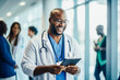 © ADDICTIVE STOCK - African american male doctor with eyeglasses smiling looking at digital tablet in corridor at the hospital. Generative AI.