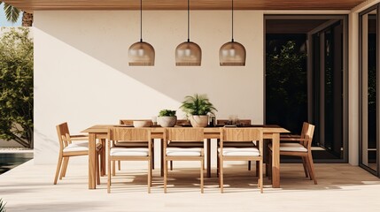 Poster - Minimalist outdoor dining area with a wooden table, modern chairs, and pendant lighting, generative ai