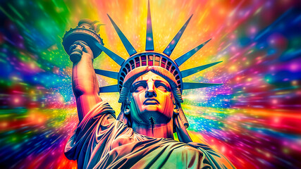 Illustration of The Statue of Liberty. Psychedelic Style, Vibrant Colors, Iconic Landmark, Symbol of Freedom, New York’s Pride.