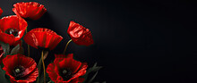 Red Poppies On Black Background. Creative Poppy Flowers Banner Background. Remembrance Day. AI Generative