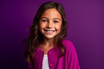 Canvas Print - Medium shot portrait photography of a grinning kid female wearing a chic cardigan against a vibrant purple background. With generative AI technology