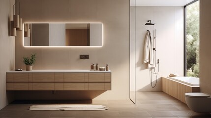 Wall Mural - Serene and minimalist bathroom with a walk-in shower, neutral tiles, and a wall-mounted vanity, generative ai