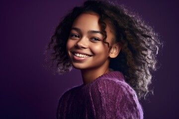 Wall Mural - Headshot portrait photography of a tender girl in her 20s wearing a chic cardigan against a vibrant purple background. With generative AI technology