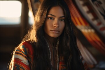 A beautiful young Native American woman. The concept of Columbus day and the discovery of America. Portrait