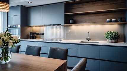 Wall Mural - Sleek and modern kitchen with handleless cabinets, a waterfall island, and integrated appliances, generative ai