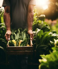 Wall Mural - Farmer holding a box of fresh organic vegetables with copy space. Generative AI