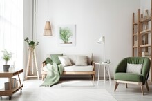 Scandinavian White Room With Design Sofa, Bookstand With Accents, Pillows, Blanket, Gramophone, And Mock Up Picture Frames Is Chic And Inviting. White Walls And A Contemporary Triangular Lamp