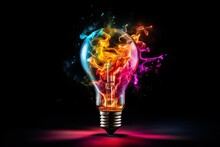 Creative Light Bulb Explodes With Colorful Paint And Colors. New Idea, Brainstorming Concept