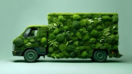 Eco friendly car, truck made of grass, leaves, development, clear ecology driving, isolated pastel background, on a road, blue sky, no pollution and emission transportation concept. Generative AI