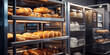 bread bakery with baked loafs in shelfs of commercial kitchen concept of bread baking production manufacture business and modern technology. generative ai