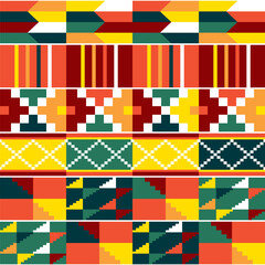 Wall Mural - Kente african tribal vector seamless textile geometric pattern - traditional nwentoma mud cloth style from Ghana, African in yellow, red and green
