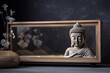 © Vusal - With a gorgeous sleeping Buddha sculpture on a glass shelf, a message can be written on a grey letterboard or an antique frame. interior design of a home. Generative AI