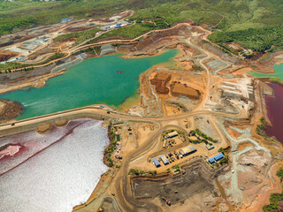 aerial perspective of lake with polluted water in a nickel mine. green and burgundy water color. min