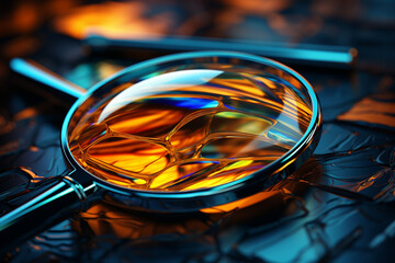 Poster - A macro shot of a magnifying glass lens, highlighting the curved surface and its ability to magnify small objects.  Generative AI technology.