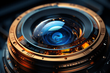 Poster - A close-up photograph of a camera lens, showcasing its intricate glass elements and the focal length markings.  Generative AI technology.