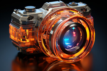 Poster - A cross-section image of a camera lens, revealing the arrangement of lens elements and their role in focusing light.  Generative AI technology.