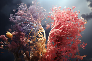 Aufkleber - A medical illustration comparing a healthy bronchial tree to a bronchial tree affected by a respiratory condition.  Generative AI technology.