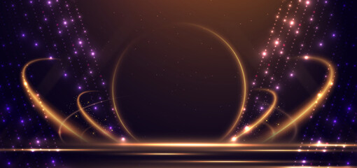 Wall Mural - elegant golden scene circle glowing with lighting effect sparkle and bokeh on brown background. temp
