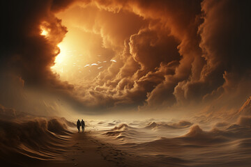 Poster - A sandstorm brewing on the horizon, with swirling clouds of dust and sand obscuring the landscape and creating an atmosphere of mystery.  Generative AI technology.