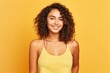 © Markus Schröder - Medium shot portrait photography of a beautiful girl in her 20s wearing a stylish tank top against a pastel yellow background. With generative AI technology