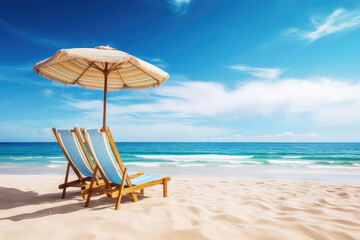 Wall Mural - Two beach beds and sun umbrella on the sandy beach seashore, nobody, copy space. Summer tourist banner template, blue bright sky. Generative AI photo.
