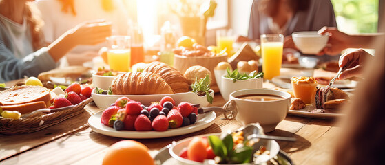 Breakfast Time: Gathering of People Enjoying a Family Meal Together