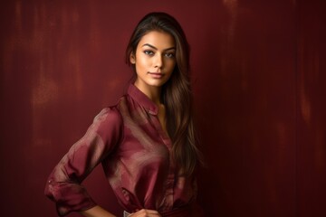 Wall Mural - Lifestyle portrait photography of a beautiful girl in her 20s wearing a sophisticated blouse against a rich maroon background. With generative AI technology
