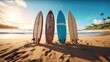 © visoot - Four colorful surfboards on the sand beach on the in the evening, Summer, Vacation, Holiday.