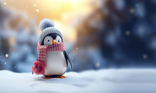 Funny Cute Portrait Of An Penguin Wearing A Winter Cap And Scarf Standing In The Snow Of Antarctica, Super Cute And Cozy Winter Concept Background Copy Space
