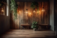 With Ornate Lighting, A Wooden Wall. House Plant Attractive Interior Of A Loft. Generative AI