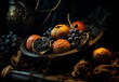 Heap of rotten  unhealthy fruits and bread on abandoned Vintage table 
