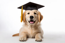 Golden Retriever In Graduation Hat On White Background
