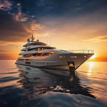 Luxury Yacht Docked At Sunset, Golden Skylight, Calm Ocean, Exclusive Seafaring Lifestyle, Moored In Harbor, Tranquil Marine Scene, Opulence