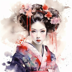 Canvas Print - generative ai. geisha colored with watercolors